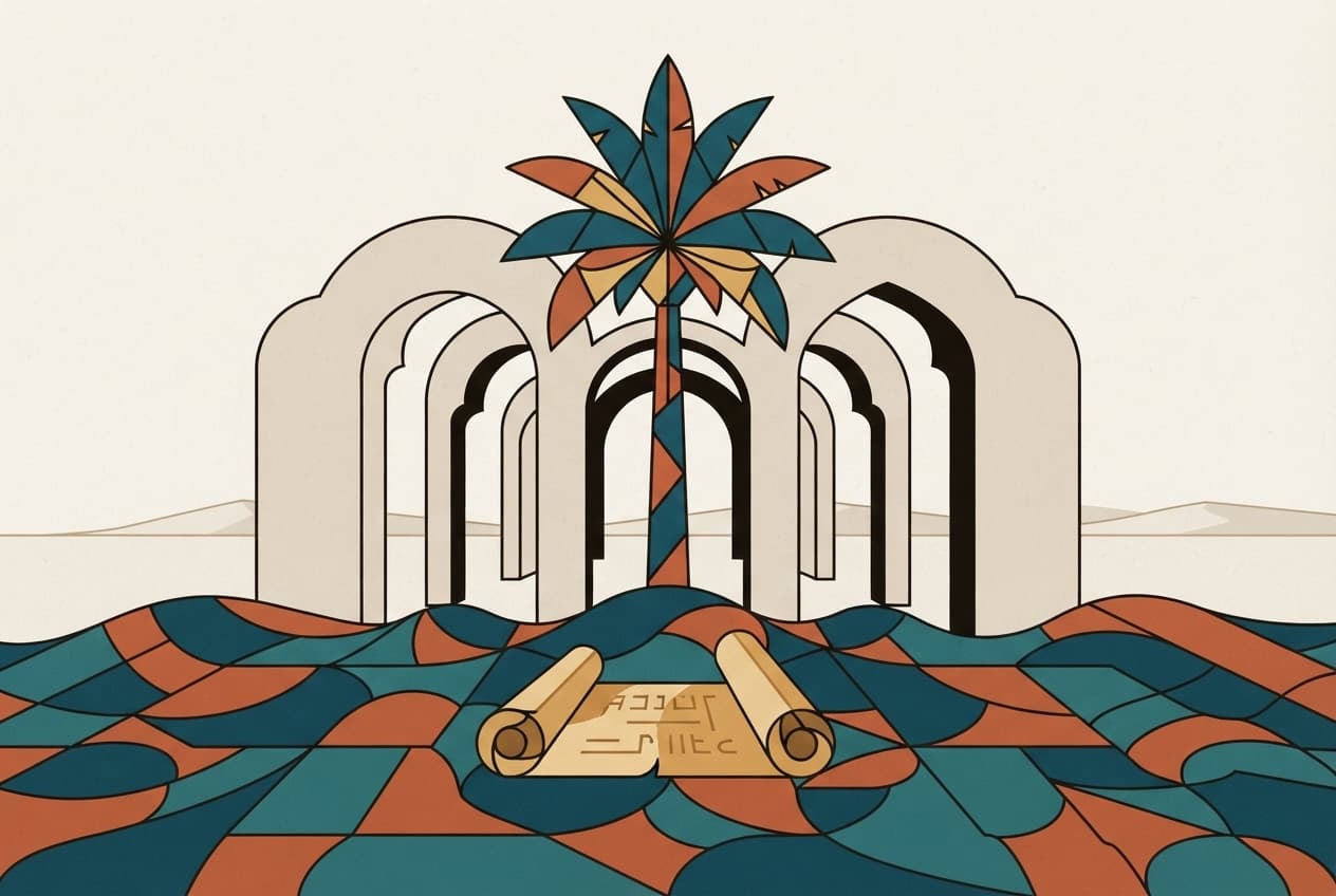 Flat illustration of Date palm, Geometric pattern, Scroll, Archway