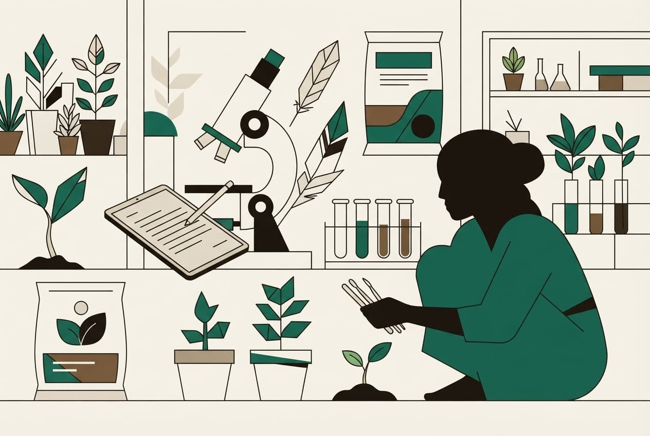 Flat illustration of Feathers, test tube, microscope, biofertilizer bag, seedling, soil